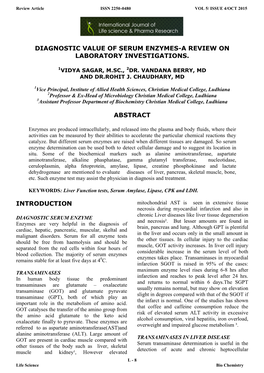 Diagnostic Value of Serum Enzymes-A Review on Laboratory Investigations