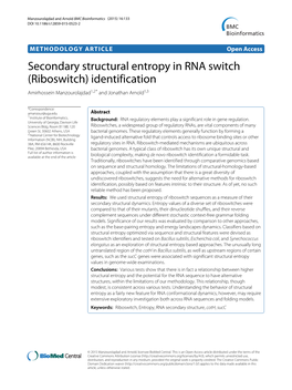 Secondary Structural Entropy in RNA Switch (Riboswitch) Identification Amirhossein Manzourolajdad1,2* and Jonathan Arnold1,3