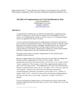 The Role of Complementizers in Verb Classification in Thai Amara Prasithrathsint Chulalongkorn University Bangkok, Thailand Amara.Pr@Chula.Ac.Th