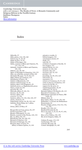 The Monks of Tiron: a Monastic Community and Religious Reform¨ in the Twelfth Century Kathleen Thompson Index More Information