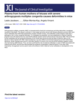 Plasma from Human Mothers of Fetuses with Severe Arthrogryposis Multiplex Congenita Causes Deformities in Mice