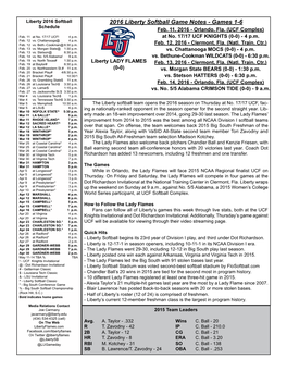 2016 Liberty Softball Game Notes - Games 1-6 Schedule Feb