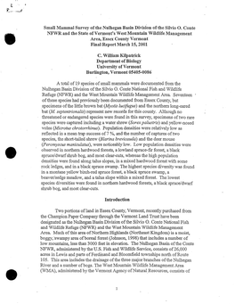 Small Mammal Survey of the Nulhegan Basin Division of the Silvio 0