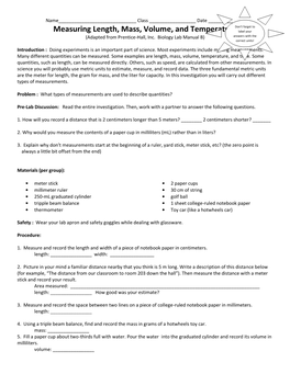 Measuring Length, Mass, Volume, and Temperature Label Your (Adapted from Prentice-Hall, Inc