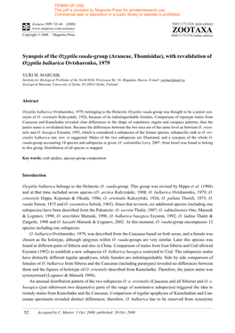 Zootaxa, Synopsis of the Ozyptila Rauda-Group (Araneae, Thomisidae), with Revalidation Of