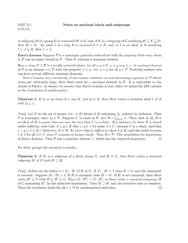 MAT 511 Notes on Maximal Ideals and Subgroups 9/10/13 a Subgroup