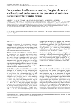 Computerized Fetal Heart Rate Analysis, Doppler Ultrasound and Biophysical Proﬁle Score in the Prediction of Acid–Base Status of Growth-Restricted Fetuses