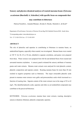 Sensory and Physico-Chemical Analyses of Roasted Marama Beans [Tylosema Esculentum (Burchell) A