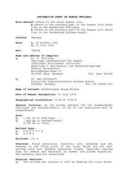 INFORMATION SHEET on RAMSAR WETLANDS Note