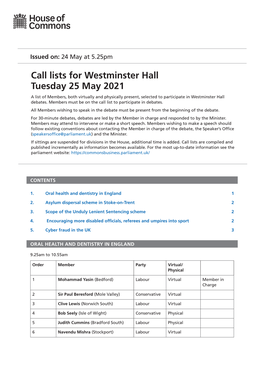 View Call Lists: Westminster Hall PDF File 0.05 MB