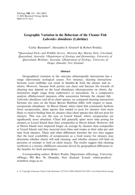 Geographic Variation in the Behaviour of the Cleaner Fish Labroides Dimidiatus (Labridae)