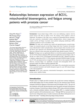 Relationships Between Expression of BCS1L, Mitochondrial Bioenergetics, and Fatigue Among Patients with Prostate Cancer