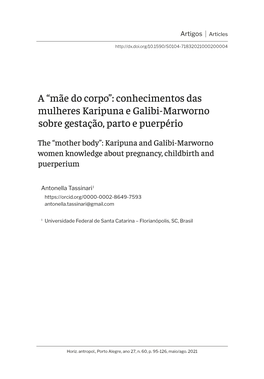 A “Mãe Do Corpo”: Conhecimentos Das Mulheres Karipuna E Galibi-Marworno Sobre Gestação, Parto E Puerpério