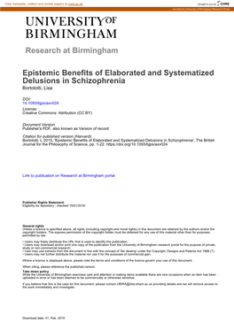 Epistemic Benefits of Elaborated and Systematized Delusions in Schizophrenia Bortolotti, Lisa