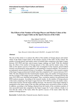 The Effects of the Number of Foreign Players and Market Values of the Super League Clubs on the Sports Success of the Clubs