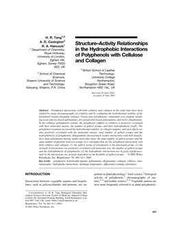 Structure-Activity Relationships in the Hydrophobic Interactions of Polyphenols with Cellulose and Collagen
