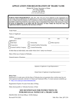 APPLICATION for REGISTRATION of TRADE NAME Robert B