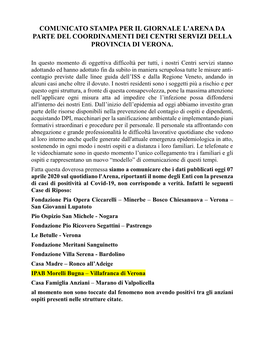 Comunicato Stampa Per Il Giornale L'arena Da Parte Del Coordinamenti Dei Centri Servizi Della Provincia Di Verona