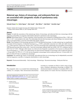 Maternal Age, History of Miscarriage, and Embryonic/Fetal Size Are Associated with Cytogenetic Results of Spontaneous Early Miscarriages