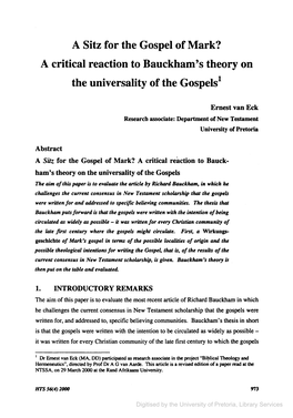 A Sitz for the Gospel of Mark? a Critical Reaction to Bauckham's Theory on the Universality of the Gospels1