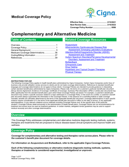 Complementary and Alternative Medicine Table of Contents Related Coverage Resources