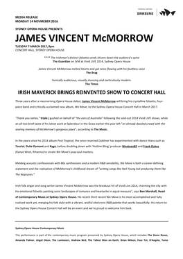 JAMES VINCENT Mcmorrow TUESDAY 7 MARCH 2017, 8Pm CONCERT HALL, SYDNEY OPERA HOUSE