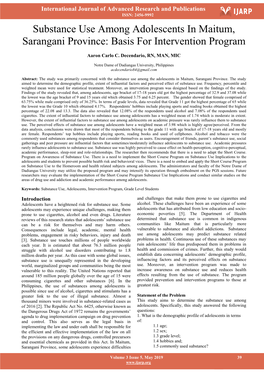 Substance Use Among Adolescents in Maitum, Sarangani Province: Basis for Intervention Program