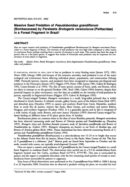 Massive Seed Predation of Pseudobombax Grandiflorum (Bombacaceae) by Parakeets Brotogeris Versicolurus (Psittacidae) in a Forest Fragment in Brazil’