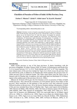 Checklists of Parasites of Fishes of Salah Al-Din Province, Iraq