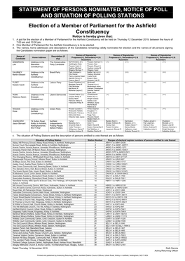 STATEMENT of PERSONS NOMINATED, NOTICE of POLL and SITUATION of POLLING STATIONS Election of a Member of Parliament for the Ashf