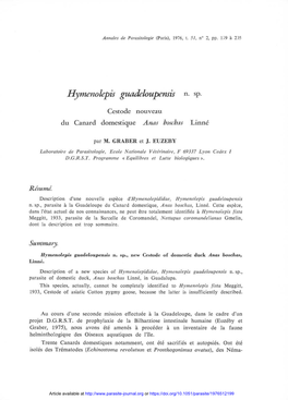 Hymenolepis Guadeloupensis N. Sp. Cestode Nouveau Du Canard Domestique Anas Boschas Linné