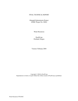 FINAL TECHNICAL REPORT Klamath Hydroelectric Project