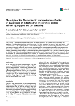 The Origin of the Tibetan Mastiff and Species Identiﬁcation of Canis Based on Mitochondrial Cytochrome C Oxidase Subunit I (COI) Gene and COI Barcoding