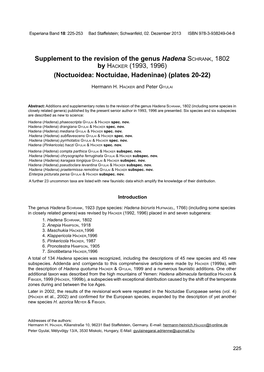 Supplement to the Revision of the Genus Hadena Schrank, 1802 by Hacker (1993, 1996) (Noctuoidea: Noctuidae, Hadeninae) (Plates 20-22)