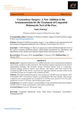 Cryocarboxy Surgery: a New Addition to the Armamentarium for the Treatment of Congenital Melanocytic Nevi of the Face Nader Elmelegy*
