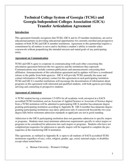 Technical College System of Georgia (TCSG) and Georgia Independent Colleges Association (GICA) Transfer Articulation Agreement