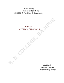 Unit –V CITRIC ACID CYCLE