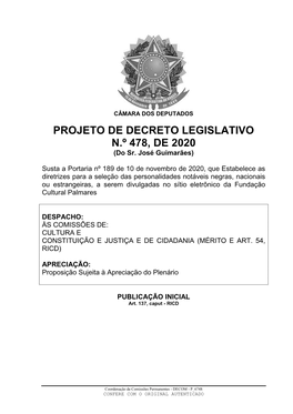 PROJETO DE DECRETO LEGISLATIVO N.º 478, DE 2020 (Do Sr