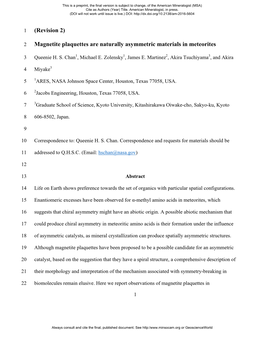 Magnetite Plaquettes Are Naturally Asymmetric Materials in Meteorites