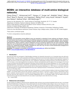 MOBN: an Interactive Database of Multi-Omics Biological Networks Cheng Zhang1,#,*, Muhammad Arif1,#, Xiangyu Li1, Sunjae Lee1, Abdellah Tebani1, Wenyu Zhou2, Brian D