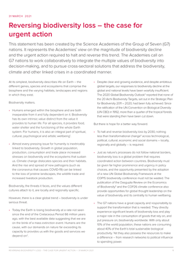 Reversing Biodiversity Loss – the Case for Urgent Action This Statement Has Been Created by the Science Academies of the Group of Seven (G7) Nations