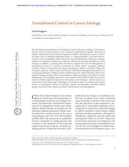 Translational Control in Cancer Etiology