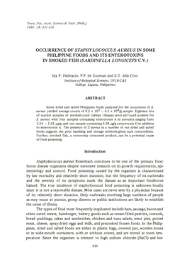 Occurrence of Staphylococcus Aureus in Some Philippine Foods and Its Enterotoxins in Smoked Fish (Sardinella Longjceps C.V.)