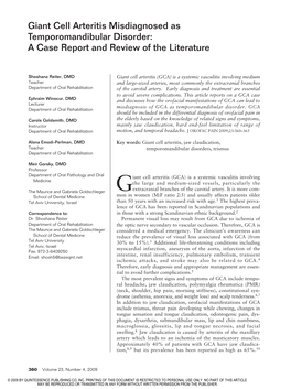 Giant Cell Arteritis Misdiagnosed As Temporomandibular Disorder: a Case Report and Review of the Literature