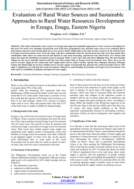 Evaluation of Rural Water Sources and Sustainable Approaches to Rural Water Resources Development in Ezeagu, Enugu, Eastern Nigeria