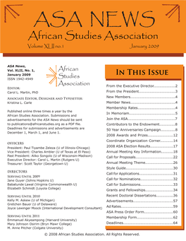 ASA NEWS African Studies Association Volume XLII No.1 January 2009