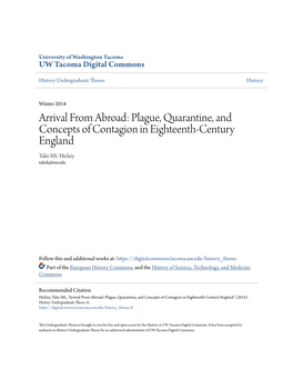 Plague, Quarantine, and Concepts of Contagion in Eighteenth-Century England Talei ML Hickey Taleih@Uw.Edu