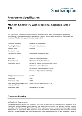 Programme Specification Mchem Chemistry with Medicinal Sciences