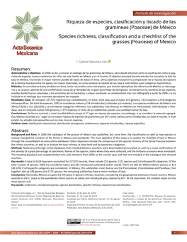 Poaceae) De México Species Richness, Classification and a Checklist of the Grasses (Poaceae) of Mexico
