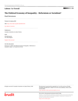 The Political Economy of Inequality – Reformism Or Socialism? Paul Stevenson